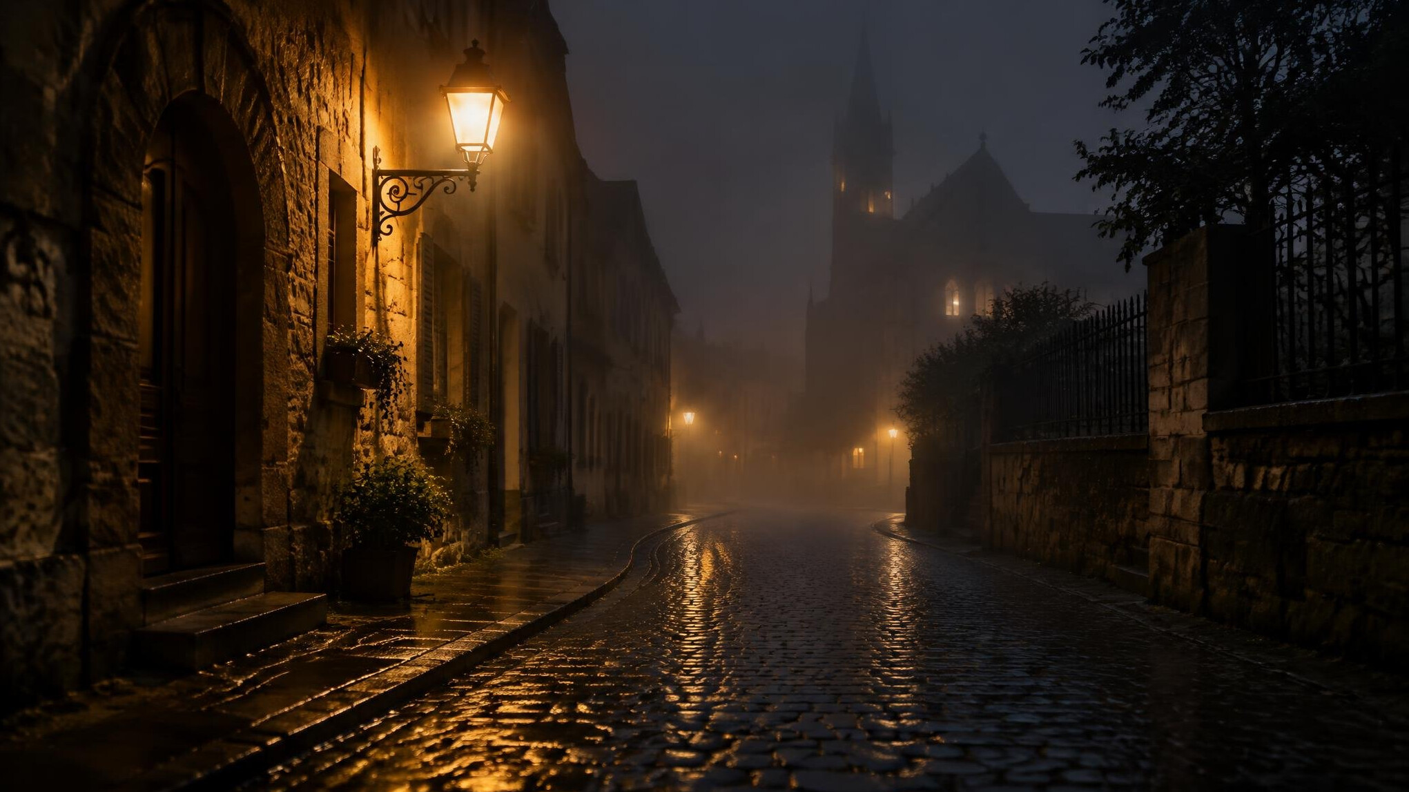 Foggy cobblestone street at night with a single street lamp