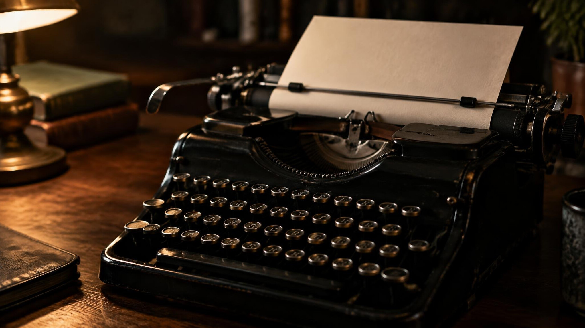 Close-up of a vintage typewriter with a blank page