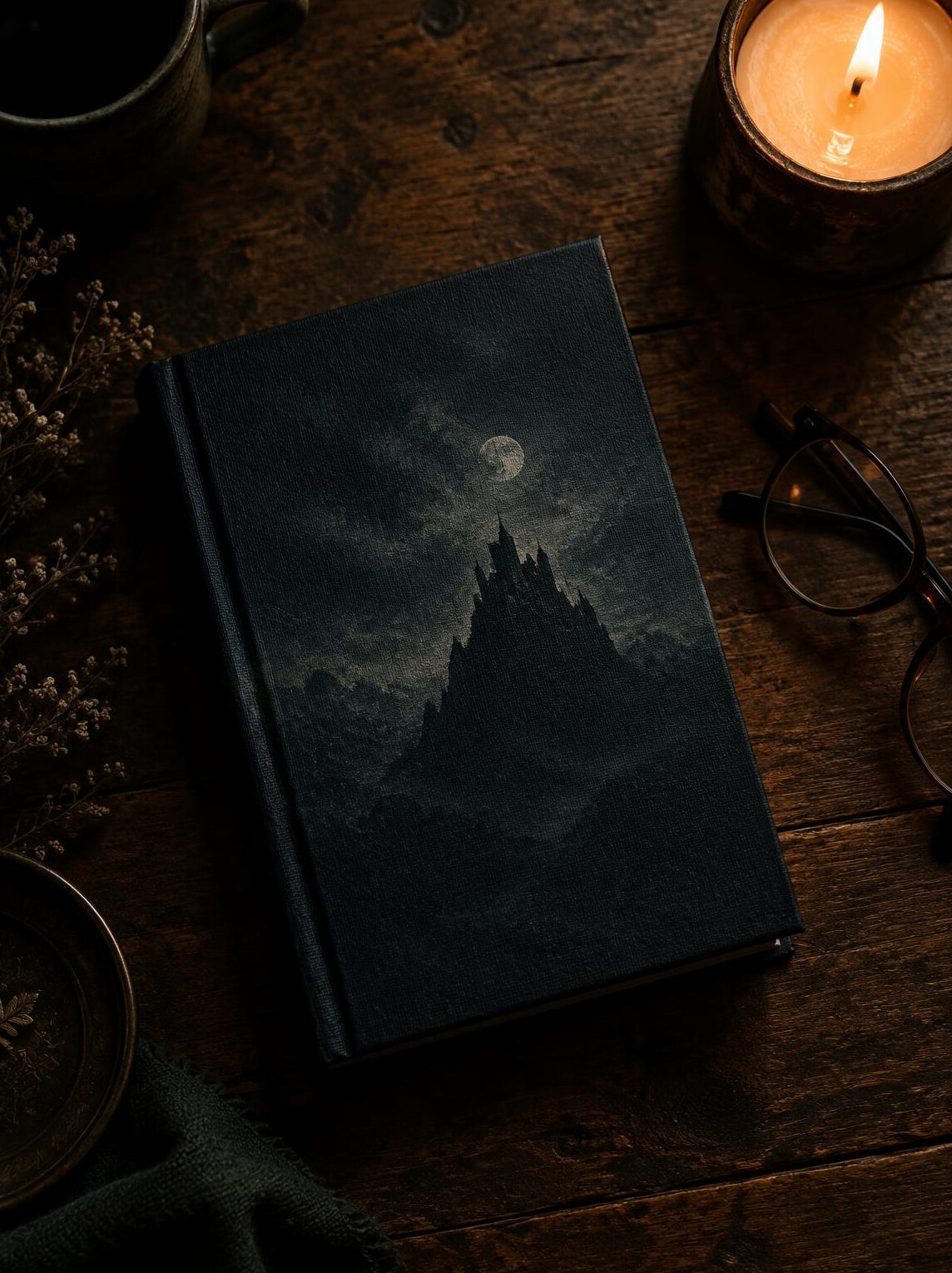 Dark atmospheric book cover mockup on a wooden table