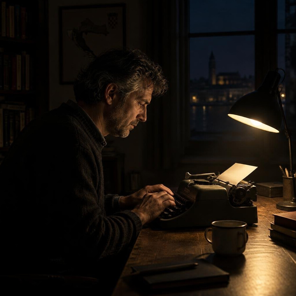 Croatian writer typing on an old typewriter at night