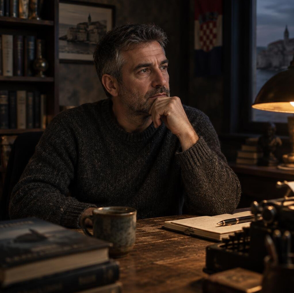 Portrait of a Croatian mystery writer sitting at a wooden desk under lamp light