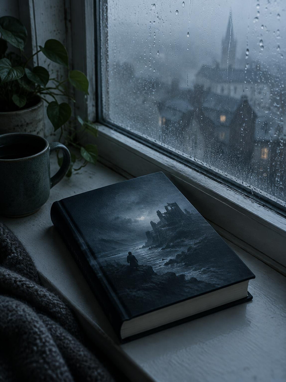 Book cover mockup beside a foggy window
