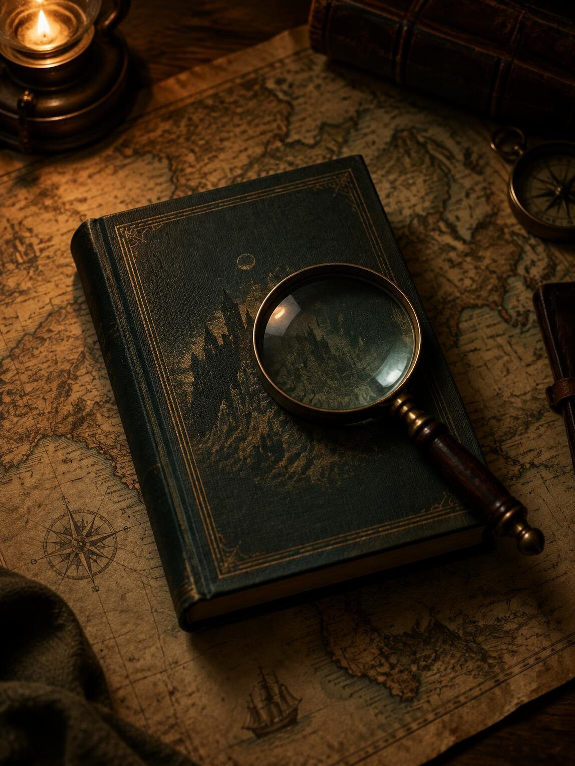 Book cover mockup with a magnifying glass on an old map