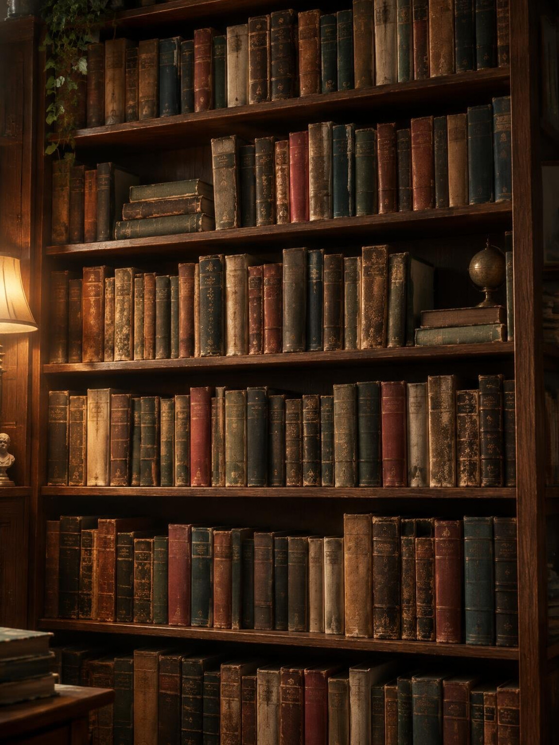Tall shelves filled with old hardcover books